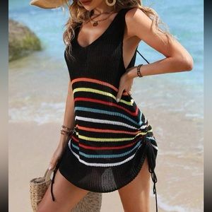 Sexy Knit Ruched Drawing String Swim Bath Suit Cover Up Dress Black